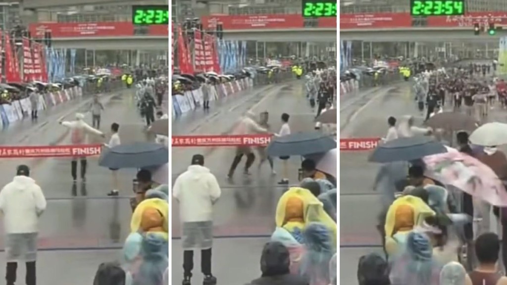 冠軍選手被工作人員阻止衝線。微博@麥子哥哥QaQ