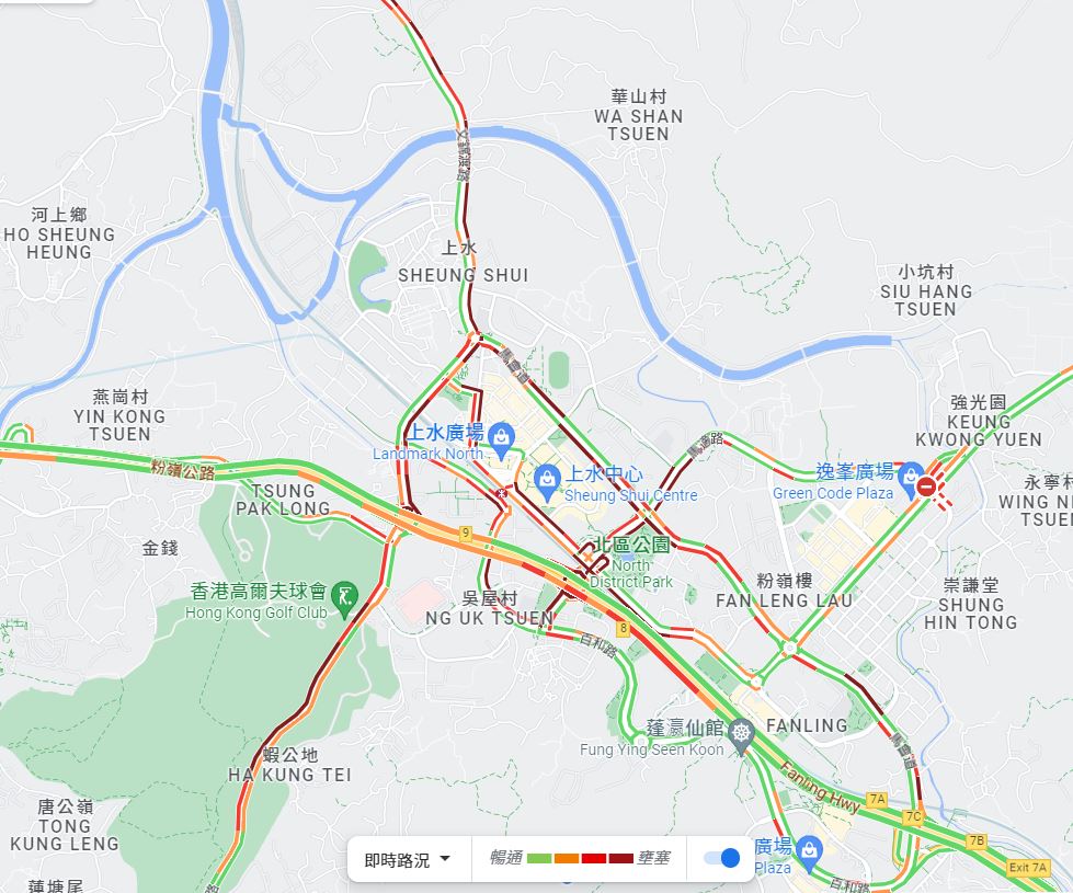 當區交通截至晚上7時仍大擠塞。Google Map