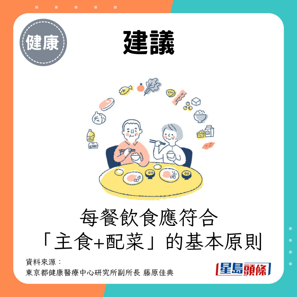 60歲後的每餐飲食應符合「主食+配菜」的基本原則。