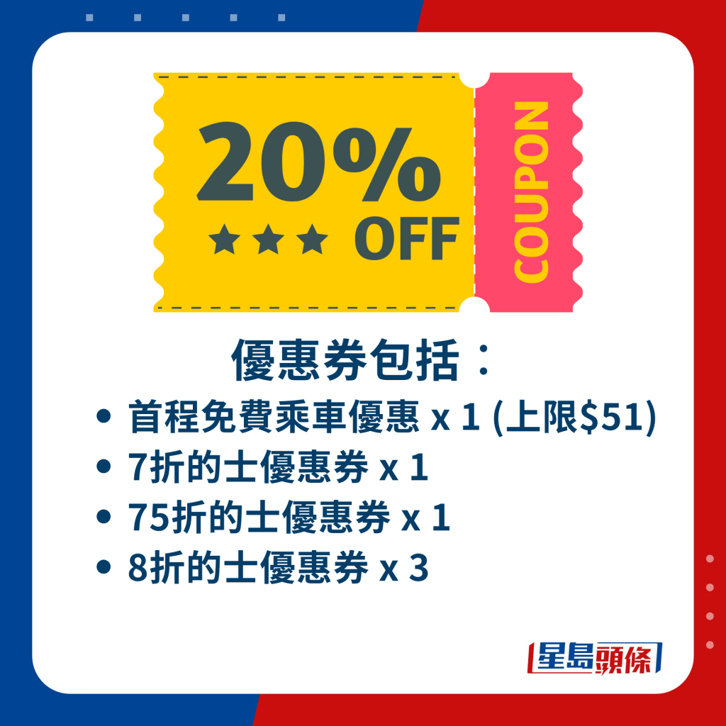 優惠券包括︰ 首程免費乘車優惠 x 1 (上限$51)、7折的士優惠券 x 1、75折的士優惠券 x 1、8折的士優惠券 x 3