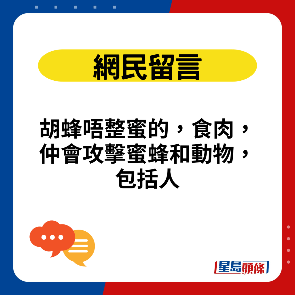 胡蜂唔整蜜的，食肉，仲會攻擊蜜蜂和動物，包括人