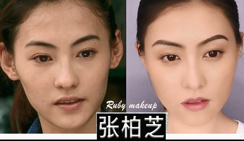 模仿張柏芝妝容也相當似。網圖