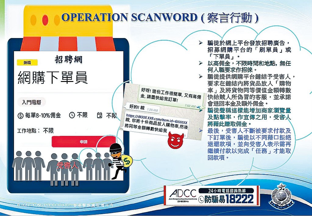 警方不時宣傳提醒市民小心「刷單員」求職陷阱。