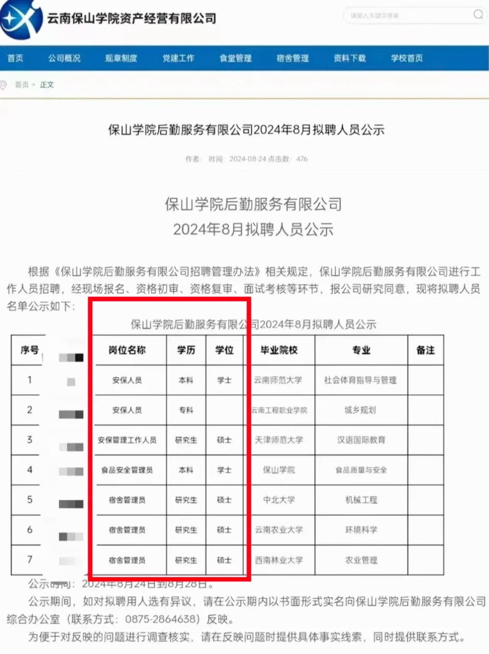 雲南保山學院有3名碩士應聘了學校宿舍管理員並被錄取。網圖