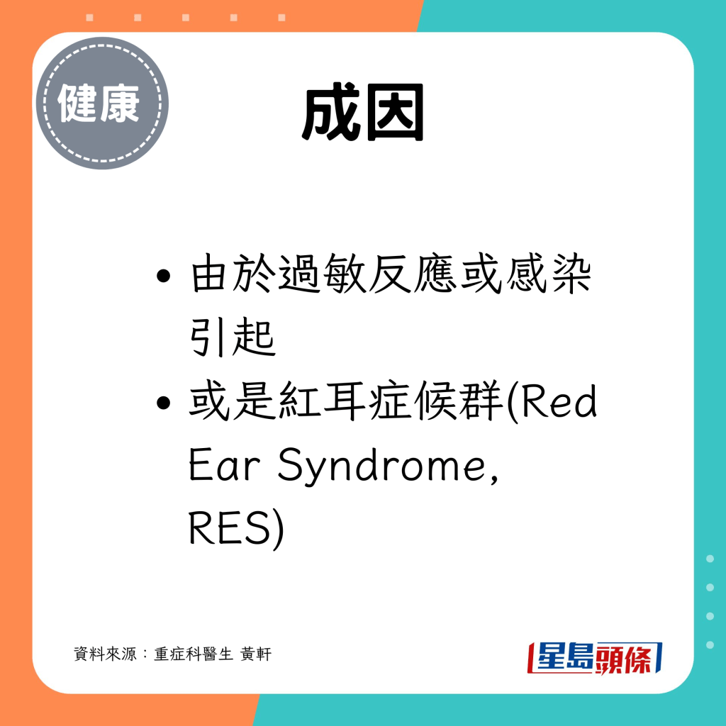由于过敏反应或感染引起 或是红耳症候群(Red Ear Syndrome, RES)
