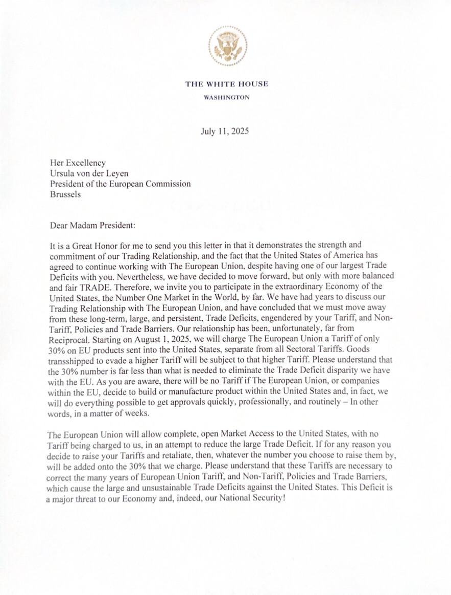 白宮向歐盟發信，宣布8月1日起徵收30%關稅。 