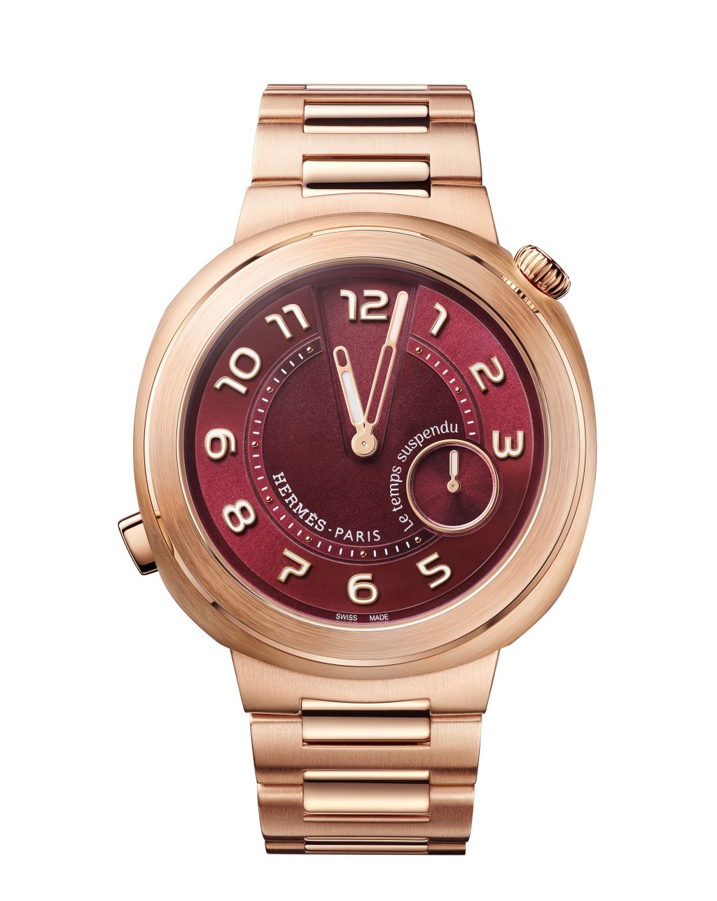 Hermès Cut Le temps suspendu,錶殼:39mm玫瑰金 / 機芯:H1912自動 / 售價:$419,200(紅色錶盤款/玫瑰金帶)$419,200(白色錶盤款/玫瑰金帶)/ $468,000(白色錶盤鑲鑽/玫瑰金帶)。 Hermès Cut Le temps suspendu,錶殼:39mm玫瑰金 / 機芯:H1912自動 / 售價:$419,200(紅色錶盤款/玫瑰金帶)$419,200(白色錶盤款/玫瑰金帶)/ $468,000(白色錶盤鑲鑽/玫瑰金帶)。