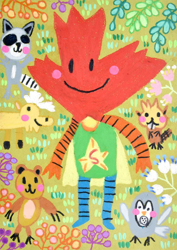 溥治的冠軍畫作命名為《楓葉小子──Maple Boy》,他利用七彩繽紛的蠟筆配合充滿童趣的筆觸繪畫,以代表著加拿大的楓葉作為超級英雄的主題構思。(圖片由創意學堂提供)