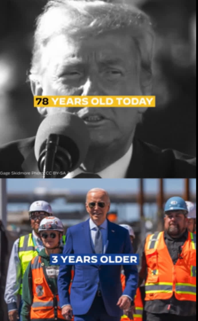 拜登发布的影片，给特朗普图片的配文是「今天78岁」，拜登图片的配文是「大3岁」。拜登X帐号图片