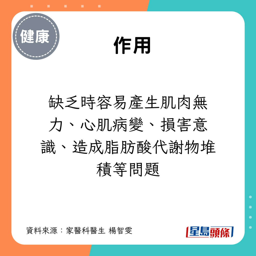 缺乏时容易产生肌肉无力、心肌病变、损害意识、造成脂肪酸代谢物堆积等问题