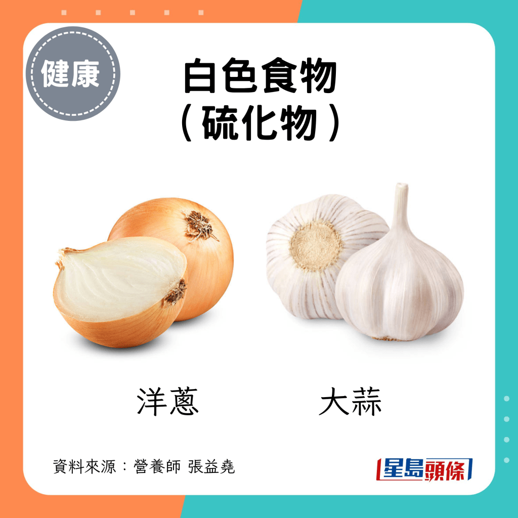 白色食物 （硫化物）：洋葱、大蒜