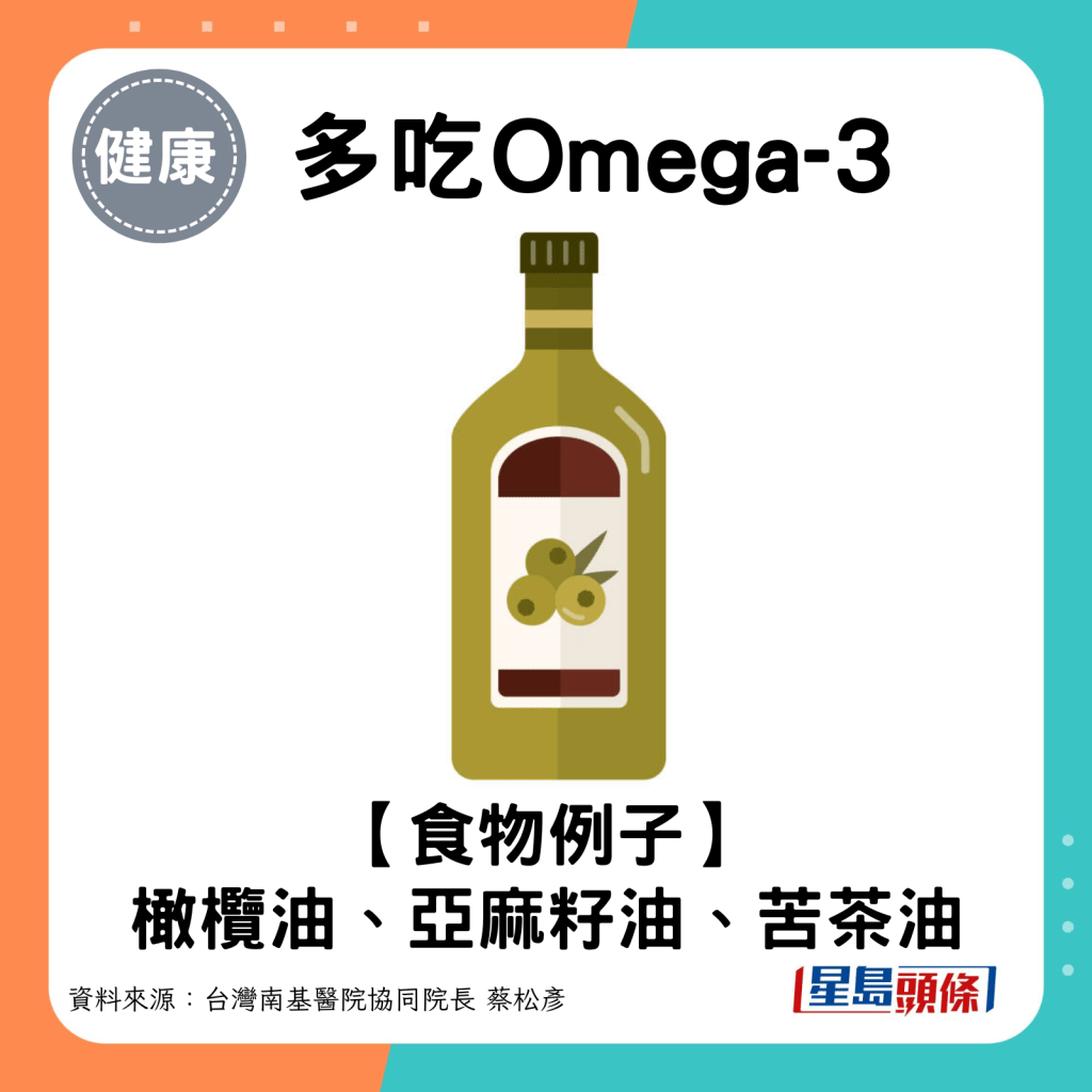 多吃Omega-3好油脂：橄欖油、亞麻籽油、苦茶油等。