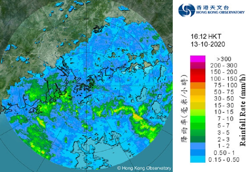 與浪卡相關的雨帶正影響珠江口一帶。天文台雷達圖