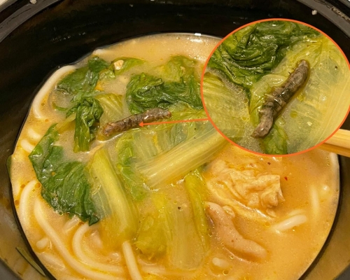女網民食米線驚現一條巨蟲。香港米線關注組 FB圖片