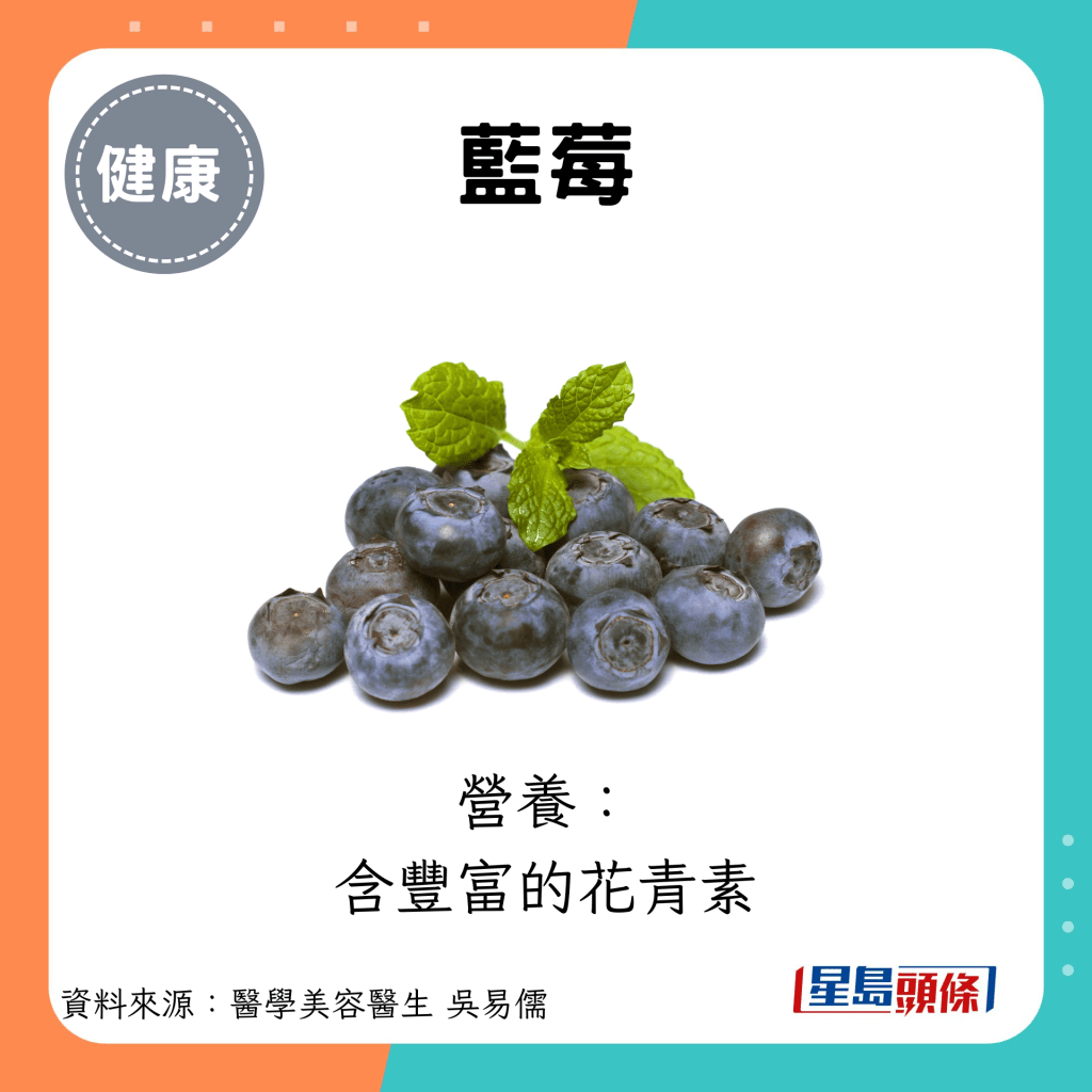 蓝莓：营养： 含丰富的花青素