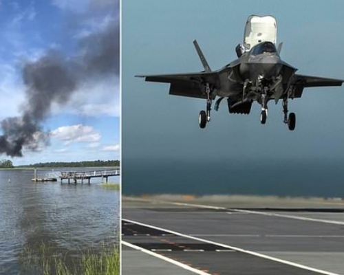F-35B隱形戰機墜毀完全報銷冒出大量黑煙(左圖)。網圖
