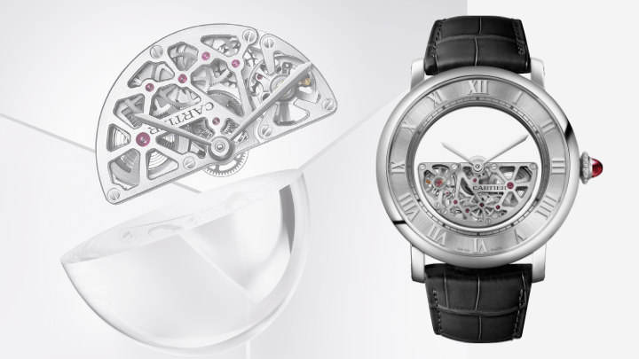 Masse Mysterieuse腕表，鉑金材質，表冠鑲嵌一顆凸圓形紅寶石，搭載卡地亞9801 MC型工作坊精製自動上鏈機械機芯，配半啞光深灰色和黑色鱷魚皮表帶，限量30枚。