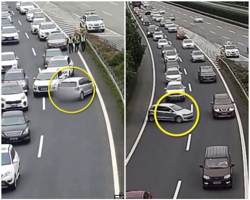 女司机打算逆道行驶硬插入两行车龙中间。片段截图