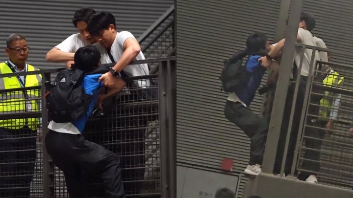 機場男疑為追星攀出圍欄 便衣警及時捉緊防墮 疑精神有異送院。Threads@3533pang5251 影片截圖（左）、@mamoishere.123 圖片