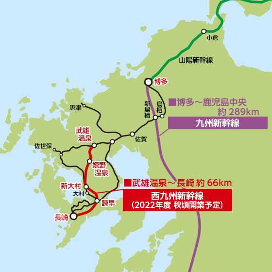 西九州新幹線路線圖，六十六公里的路線會接通武雄溫泉及長崎。