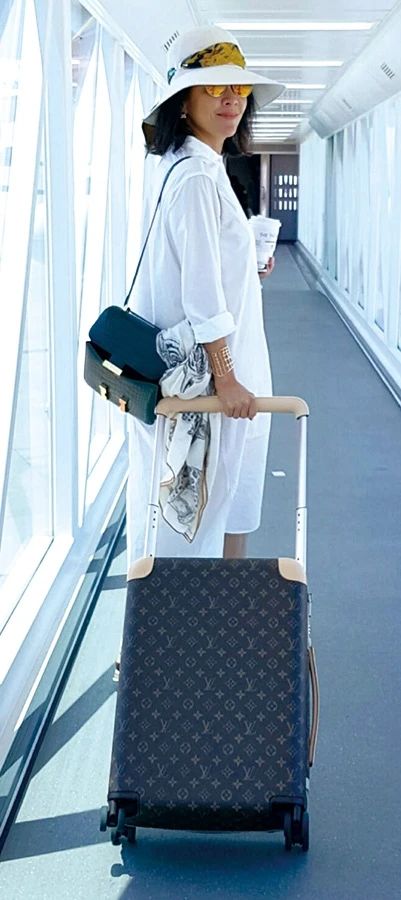 劉嘉玲都有揹Hermès鱷魚皮手袋與及LV行李篋登機。