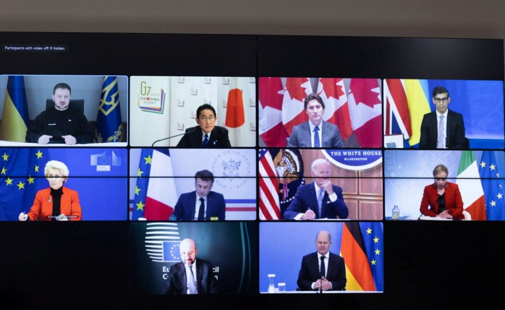 澤倫斯基通過視象出席七國集團領導人工作會議。路透社