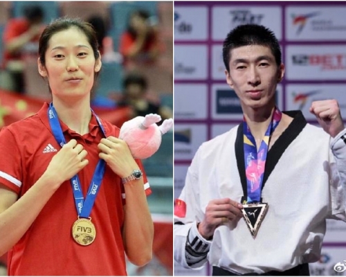 中國體育代表團宣布，將由女排運動員朱婷（左）及跆拳道運動員趙帥（右），擔任東奧開幕儀式中國代表團的持旗手。網圖