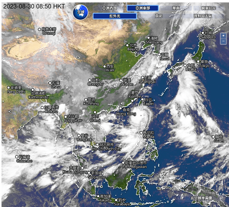 衞星雲圖示，蘇拉現時在呂宋一帶移動。天文台網頁截圖