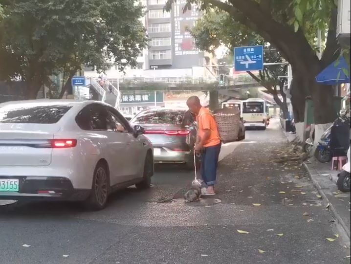 四川街頭有中年漢疑為碰瓷，將小狗掟向汽車車頭。微博