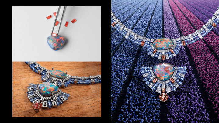 Apatura项链，以铂金镶嵌3颗共重21.86卡的凸圆形切割澳洲蛋白石、1颗重2.58卡的枕形东非橙色蓝宝石，另配长阶梯形切割彩色蓝宝石、蓝宝石圆珠和圆形明亮式切割钻石。