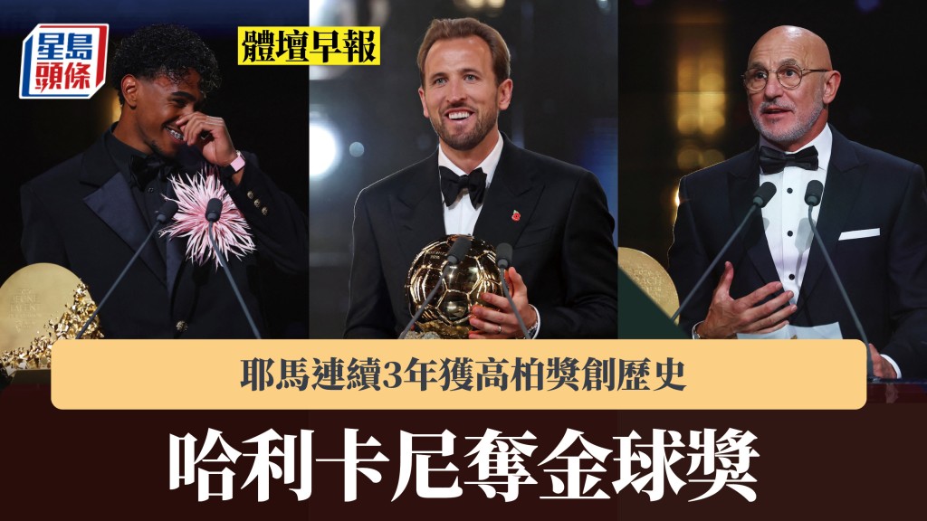 體壇早報｜卡尼奪金球獎 耶馬連續3年獲高柏獎創歷史。路透社、法新社
