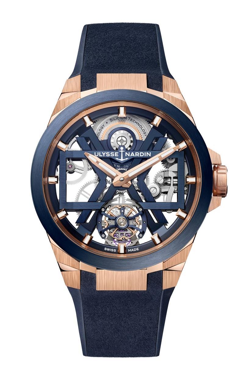 Ulysse Nardin Blast Tourbillon Blue & Gold，45mm玫瑰金表殼（PVD鈦金屬表圈），UN-172自動機芯，售價/$520,700。 