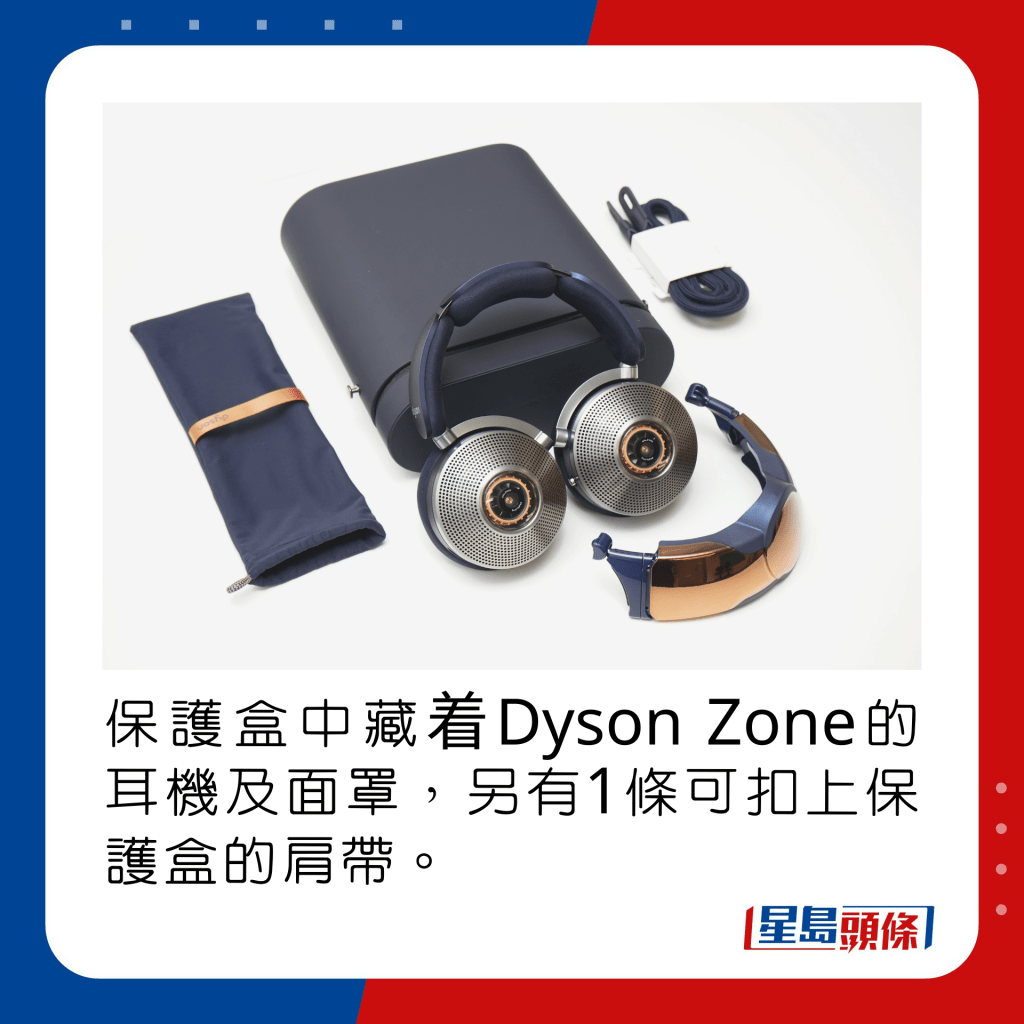 保護盒中藏着Dyson Zone的耳機及面罩，另有1條可扣上保護盒的肩帶。