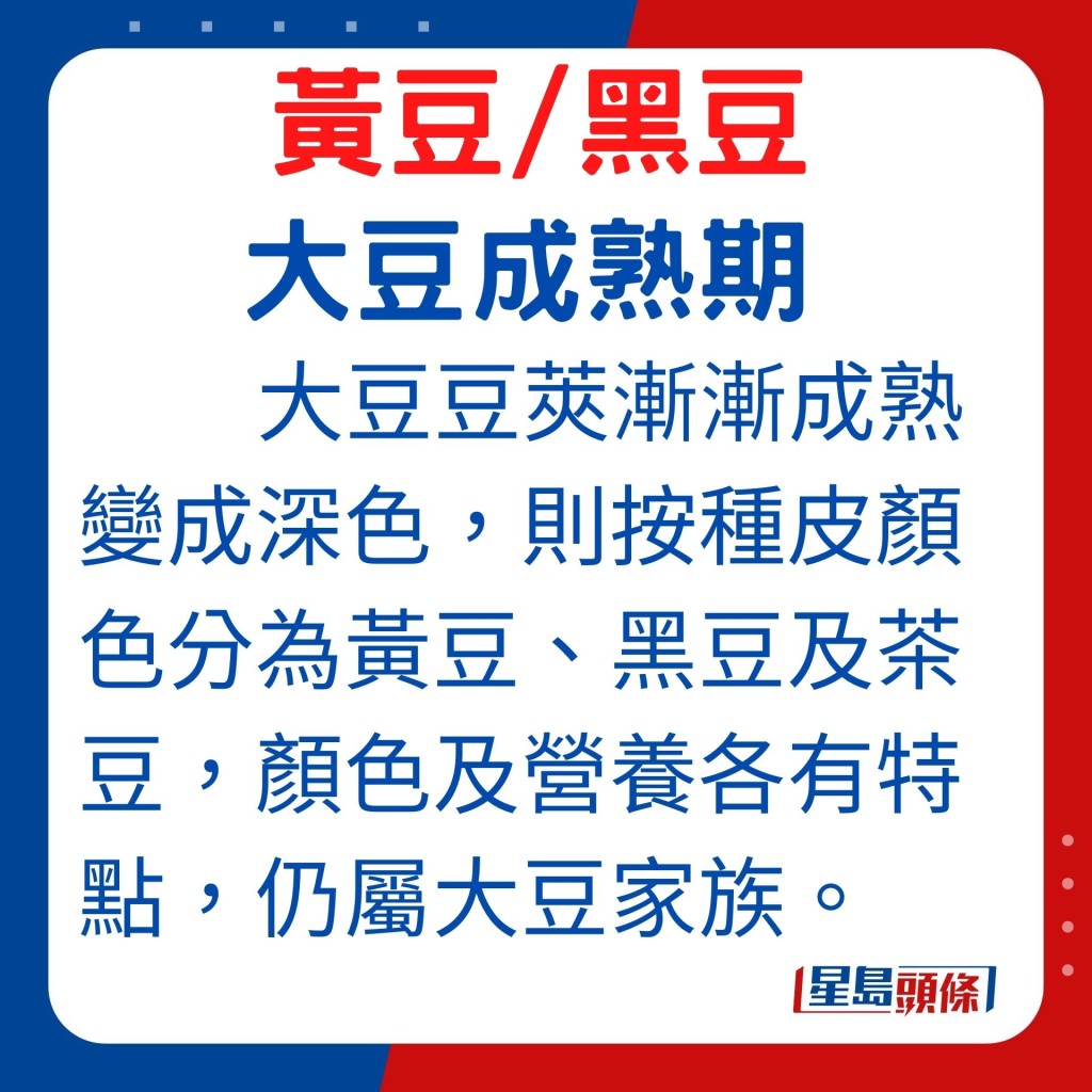 等到漸漸成熟,大豆豆莢開始變成深色,則根據種皮顏色分為黃豆、黑豆、茶豆,顏色不同,所含營養亦各有特點,但仍屬大豆家族。