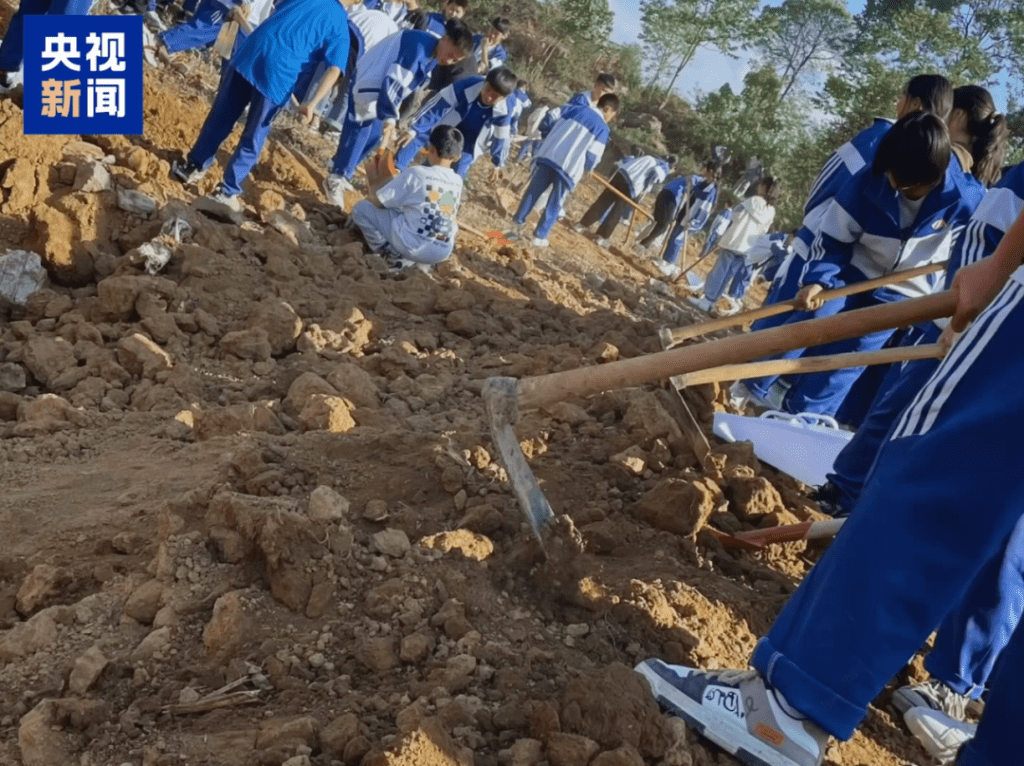 歐陽謙帶領學生用鋤頭在粟米田開出一個足球場。央視
