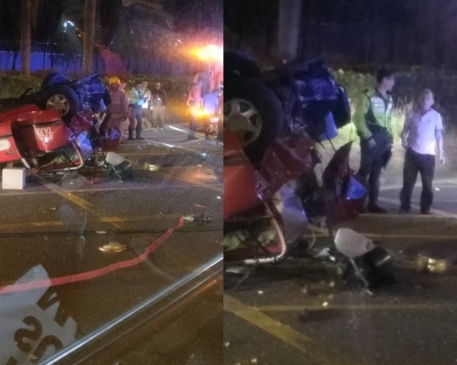 葵青交匯處晚上發生4車相撞，其中的士被撞至「反肚」。香港突發事故報料區fb群組