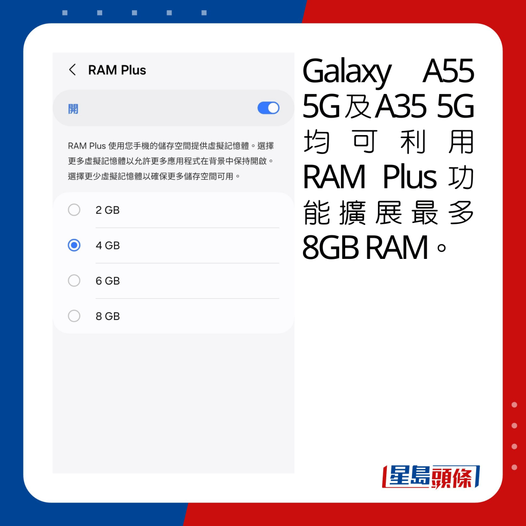 Galaxy A55 5G及A35 5G均可利用RAM Plus功能擴展最多8GB RAM。