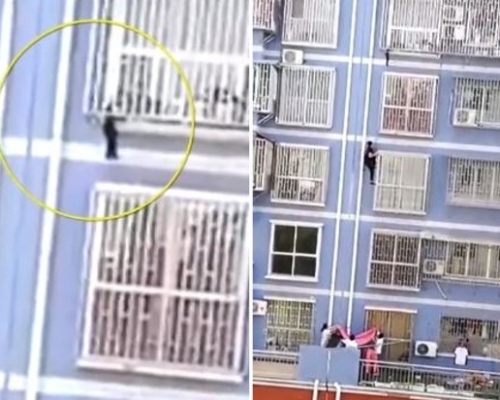 張鑫沿著大樓外牆的窗戶防盜框一路從2樓爬上5樓救人。（網圖）
