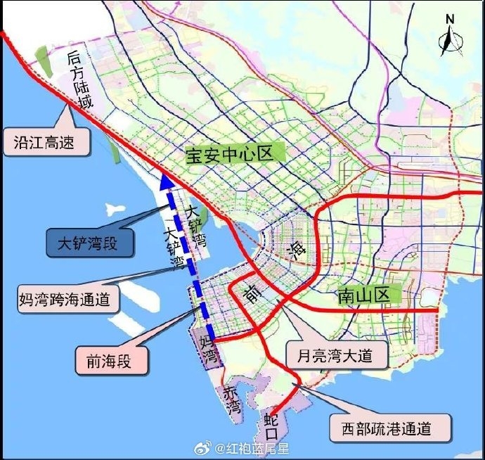 妈湾海底隧道连接前海与大铲湾港区，起于月亮湾大道，向北穿越前海湾，止于西乡大道。