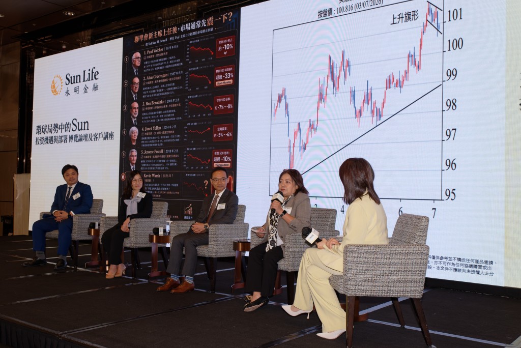 最后一场「放眼环球市场」投资论坛邀请了（右二起）财经评论员胡孟青、安联投资大中华基金业务副总裁刘智仁、霸菱分销业务董事秦梓澄及贝莱德资产管理北亚有限公司董事兼香港财富业务主管李伟伦，共同为投资者拆解最新的财富部署策略。