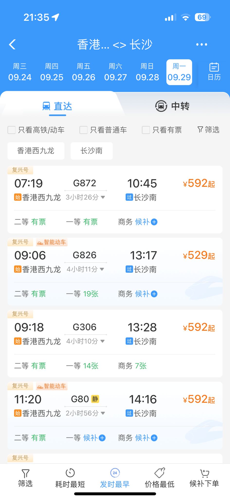 往長沙等較遠城市車票的部分車次商務座及一等座售罄。 往長沙等較遠城市車票的部分車次商務座及一等座售罄。