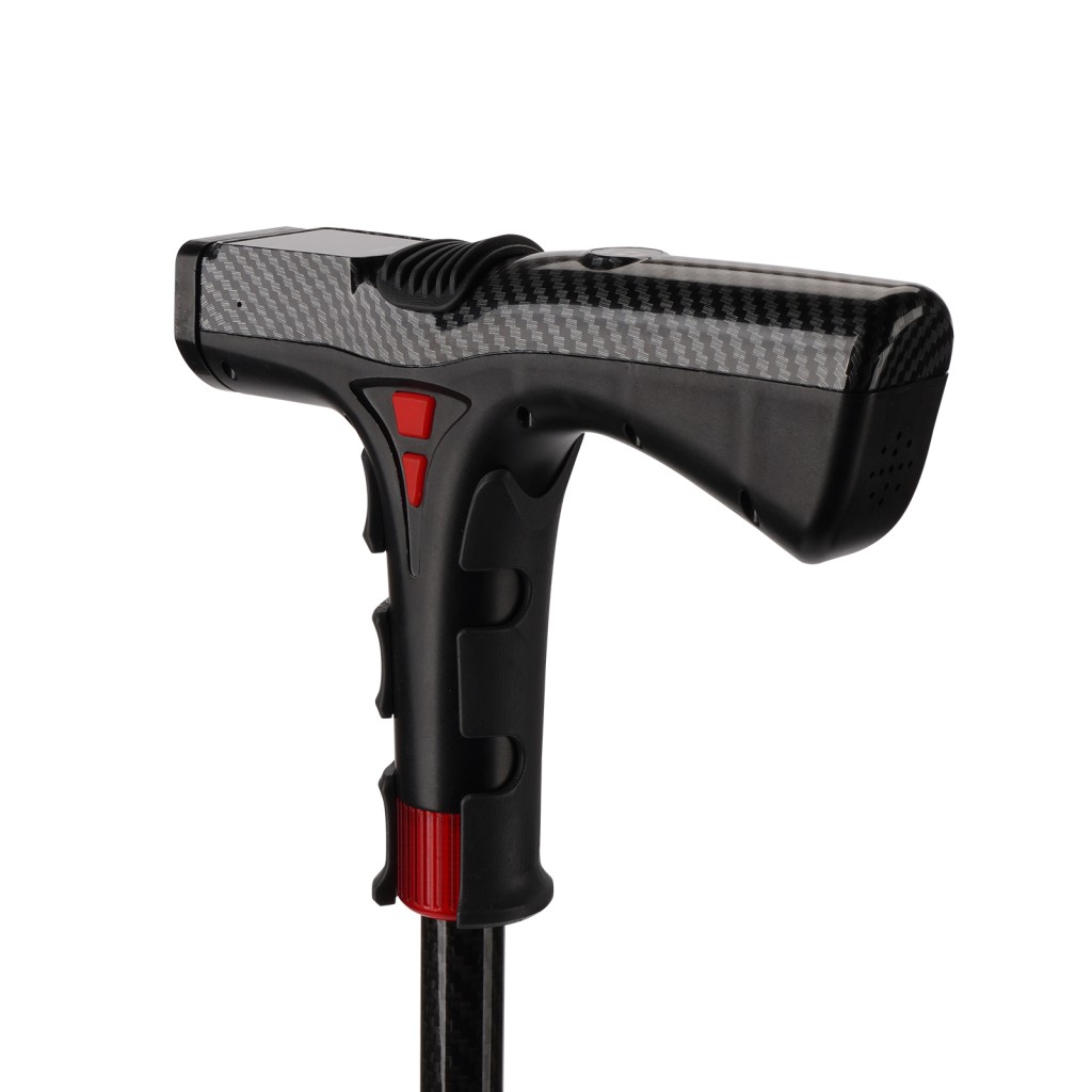 智慧定位手杖不僅具有北斗GPS定位追跡功能,同時支援4G雙向通訊,藍牙傳輸,心率和體溫監測,當老人意外跌倒,手杖會發出警報提醒。