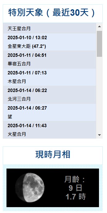 最近30日的特別天象。香港天文台網頁截圖