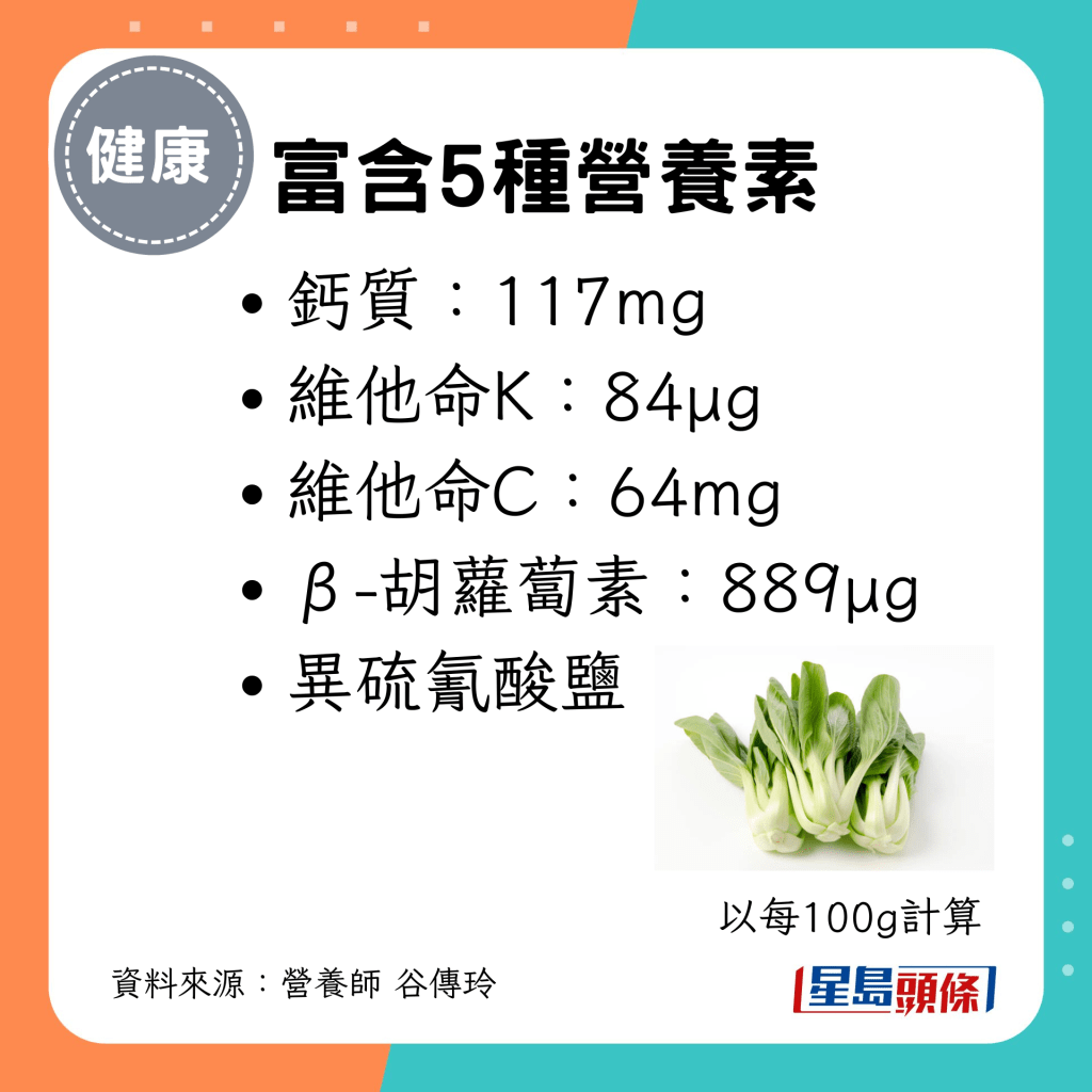 富含鈣質、維他命K、維他命C、β-胡蘿蔔素及異硫氰酸鹽