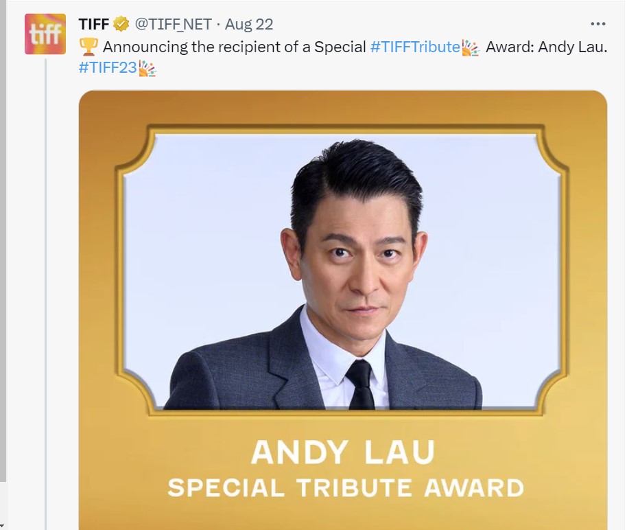 主辦單位日前在官網宣布，本屆電影節「特別貢獻獎」將頒發給劉德華，是首位獲得此殊榮的華人。（TIFF Twitter 圖片）