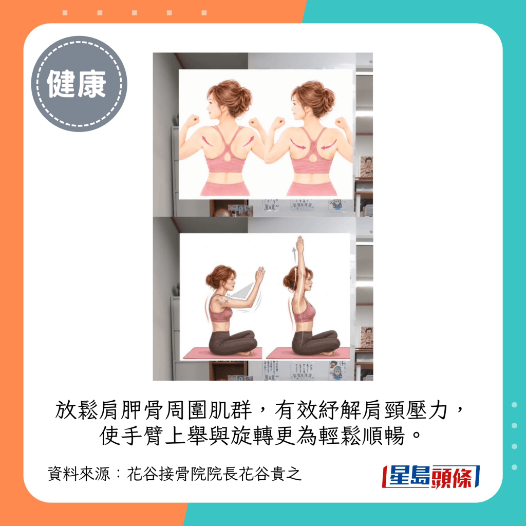  放鬆肩胛骨周圍肌群，有效紓解肩頸壓力，使手臂上舉與旋轉更為輕鬆順暢。