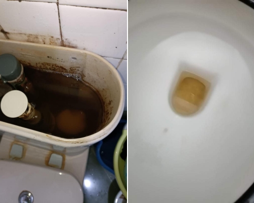 大埔多個屋苑廁所水連日呈現泥黃色。FB圖片