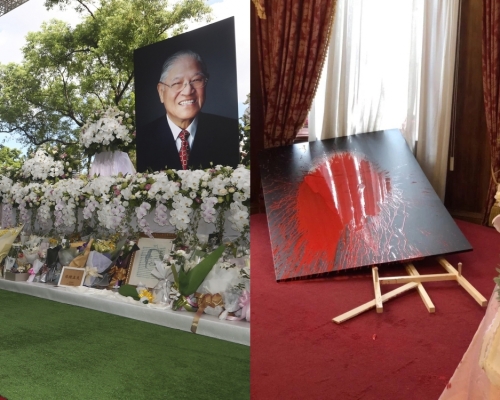 李登輝今日進行入殮儀式，追思會上李登輝的照片遭台灣女藝人鄭惠中潑紅漆。(AP圖/網圖)