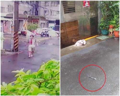 王男行兇後逃跑(左),現場留下作案的一枝鋼筆手槍(右)。網圖