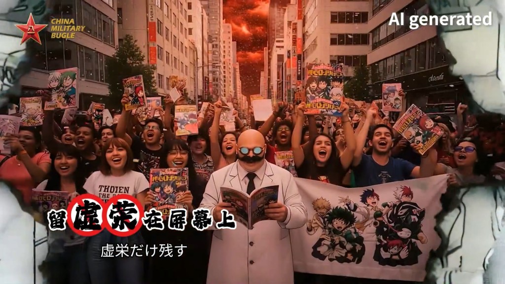 帖文更用人工智能（AI）生成一段MV，畫面出現多個日本軍國主義場面在文體領域出現。